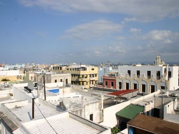 A view of Old San Juan. The aqua building to the right is where the apartment is located. 